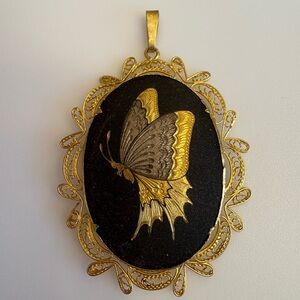 Japanese Damascene Vintage Butterfly pendant filigree gold Hand Etched painted